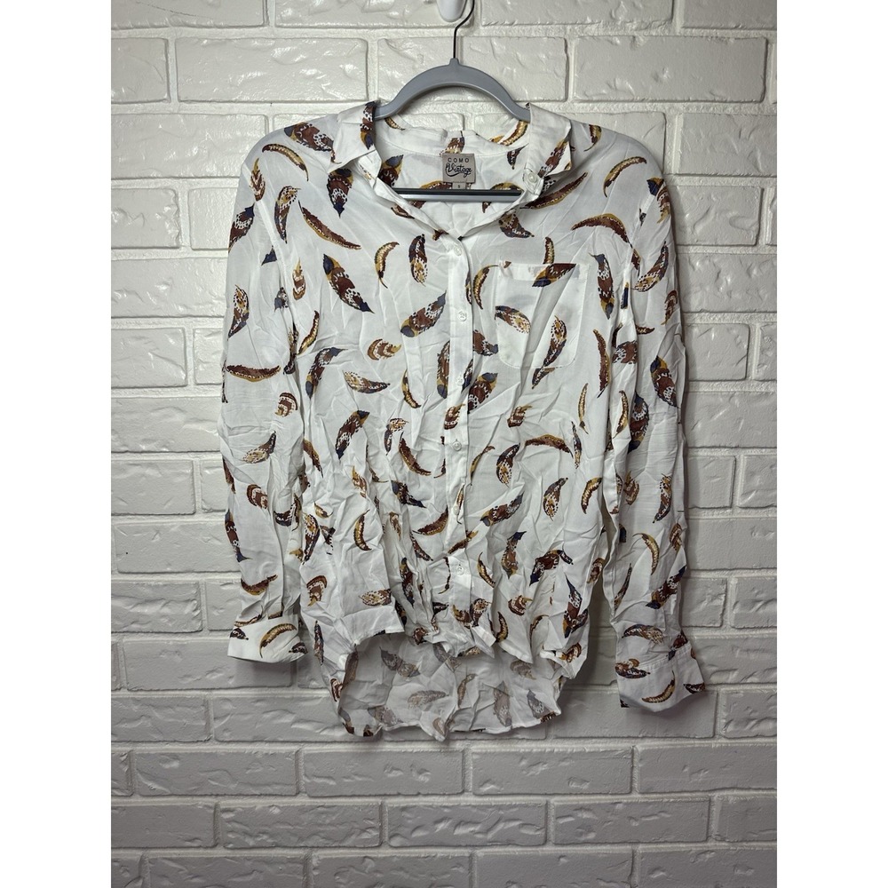 Como Vintage White Feather Print Button Down Shirt Small‎ Western Boho